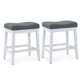Athena Collection Bar Stools Set of 2, 25 Inches Counter Height Bar Stools Backless with Footrest, Leather Upholstered Saddle Barstools with Nailhead Trim for Kitchen Island, Counter, Grey White