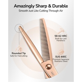 ULG Professional V-Tooth Hair Thinning Scissors Luxury 18K Rose Gold Coated 6.5” Barber Scissors 440C Japanese Stainless Steel Hand-Honed Convex Blades Offset Handles Tension Adjustable, Right-Handed