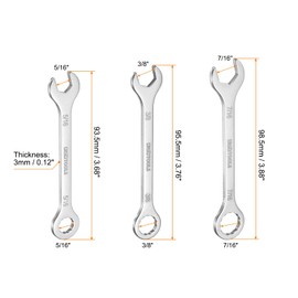 sourcing map Thin Combination Wrench Set 5/16" 3/8" 7/16" 30Cr13 Stainless Steel Mini Combination Spanner with Offset 12-Point Box End and 15° Angled Open End for Auto Repairs