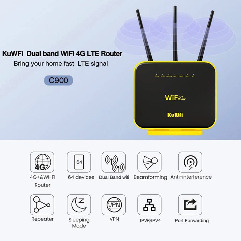 KuWFi Hotspot 4G LTE No SIM Card Router 1200Mbps Dual