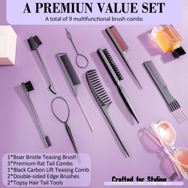 SALONSILK 9Pcs Hair Comb Set Include Boar Bristle Teasing and Slick Back Hairbrush, Rat Tail Comb, Black Carbon Lift Comb, Edge Control Brush, and Topsy Hair Tail Tools for Women & Girls