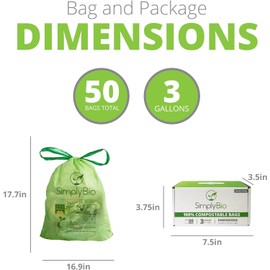 3 Gallon Compostable Trash Bags with Drawstring, Heavy Duty Extra Thick 1 Mil, 11.36 Liter, 50 Bags, Small Kitchen Food Scrap Waste Bag, US BPI and OK Compost Home Certified(3 Gallon 50 Count)