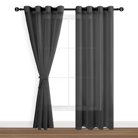 Hiasan Black Sheer Curtains 84 Inches Long with Tiebacks, Light Filtering Voile Textured Drapes Lightweight Grommet Window Curtains for Bedroom, Living Room, Patio Door, W52 x L84, Set of 2 Panels