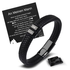 TERRISHE Gift for Men, Men's Leather Bracelet, Black Leather Bracelet, Christmas Gifts, Graduation, Birthday Gift for Dad, Son, Couples, Husband,, Stainless Steel, No Gemstone