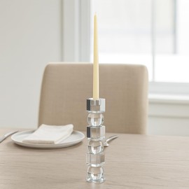 Decorative Candle Holder for Taper Candles – Modern Glass Candlestick Holder with Square and Sphere Design for Table Decor – Pair with Gold Centerpieces for Tables and Living Room Decor – 12" Clear