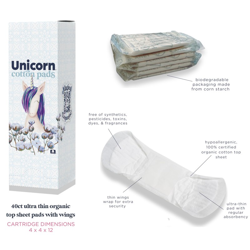 UNICORN Pads, Organic Plant-Based Cotton Covered Ultra Thin Pads with