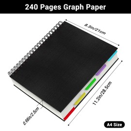 Yarotm A4 Spiral Notebook - Squared Paper Notepad A4 with Dividers in 5 Colours and 240 Pages - 5mm Graph Journal Hardback and 100GSM Cream Paper for Travel and Gift, Black
