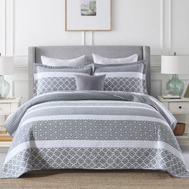 SahSahCasa Quilt Queen Size, Queen Quilt Set, 100% Cotton Queen Quilt Bedding Set Bedspreads, Reversible Lightweight Floral Patchwork Quilts Bedspread for Queen Bed, Bluish Grey, All Season, 3-Piece