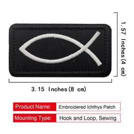 2 PCS EmWoot Christian Fish Patch Ichthys Patch Jesus Fish Patch Embroidered Tactical Morale Patches Hook and Loop Applique Fastener(Black White)