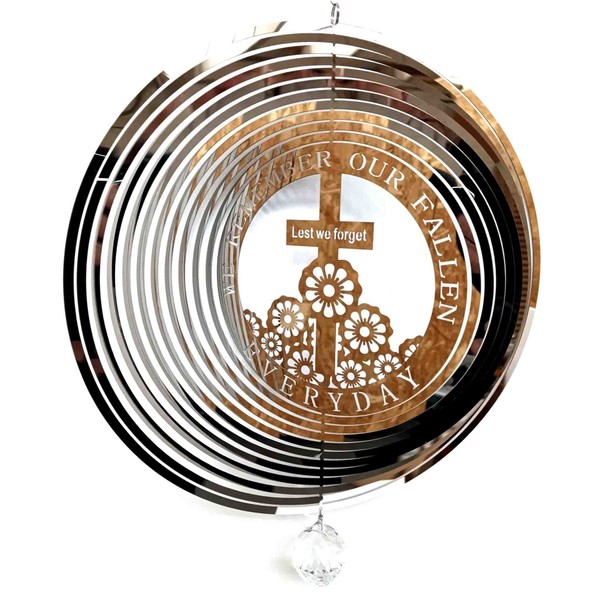 SK Lest We Forget Cross Poppies Stainless Steel Metal Garden Wind Spinner With Crystal Suncatcher - Great Garden Decor Ornament Part Of The Hanging Decorations and Hanging Ornaments Range