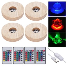 Homaisson Wooden Light Stand Bases 4PCS Colorful LED Lights Display Bases with Remote Control 16 Color Round Lighted Bases Table Lamp Centerpieces for Crystal Glass Resin Art, 3.94 Inch