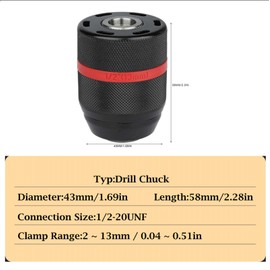 Drill Chuck，1/2-20UNF Mount 2~13mm Keyless Hand Drill Chuck Self-Tighten Drill Chuck for Multiple Purposes