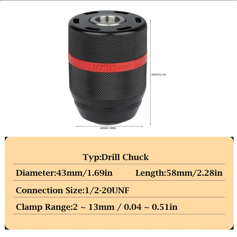 Drill Chuck，1/2-20UNF Mount 2~13mm Keyless Hand Drill Chuck Self-Tighten Drill