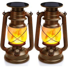 LED Vintage Lantern Solar Powered Outdoor Waterproof Flickering Flame Lantern Rustic Hanging Lantern Lamps for Garden Patio Deck Yard Porch Home Decor, 2 Pack