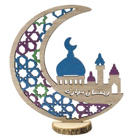 KYMY Eid Mubarak Wood Table Stand Sign Ornaments, Moon Star Castle Tabletop Decorations, Ramadan Kareem Centerpieces for Islamic Muslim Festival Party Home Room Craft Supplies