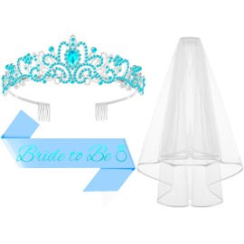 3Pcs Bride to Be Crown with Sash and Veil for Bachelorette Party Decorations, Bridal Shower Accessories for Gift, Favors - Blue