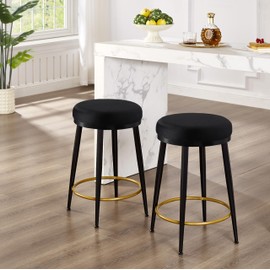 Ball & Cast Modern Metal Frame Round Bar Stools 24 inch Counter Height Stools Set of 2, Backless Upholstered Counter Stool, Black Velvet