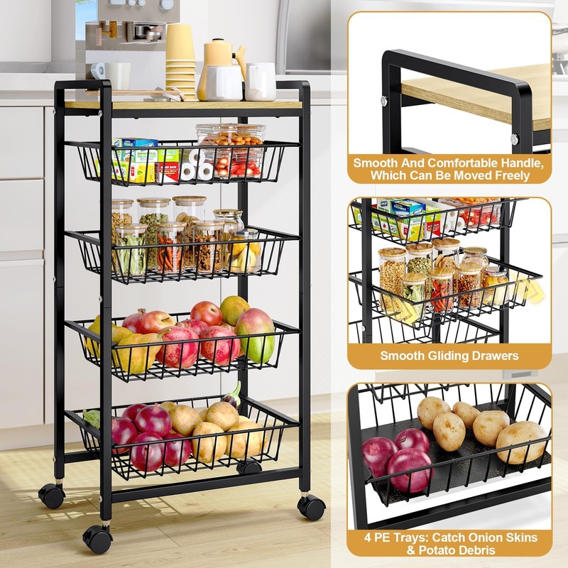 TOOLF 5-Tier Kitchen Cart with Tabletop, Rolling Snack Cart with