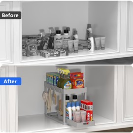 POUGNY 2PC Under Sink Organizer Rack 2 Tier Under Sliding Cabinet Basket Organizer Drawer with 4 Hooks, Multi-purpose Under Sink Storage for Bathroom Kitchen Desktop（Grey）