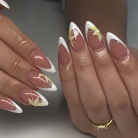 White French Tip Press on Nails Almond Medium Floral Fake Nails Elegant False Nails with Pearls Lily Flower Designs Nude Full Cover Acrylic Nail Glossy Glue on Nail for Women Girls 24Pcs