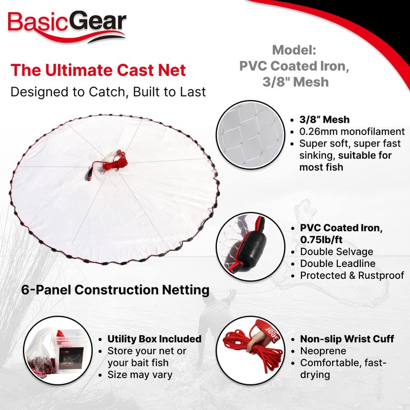 BasicGear Cast Net for Bait Trap Fish, Protected Weights, 10ft