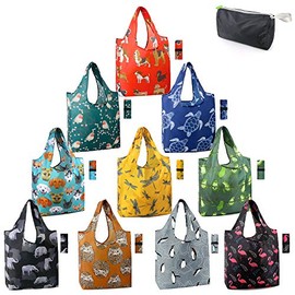 Reusable Shopping Bags Foldable Grocery Totes 10 Pack with Zipper Carry Pouch Cute Shopper Bags XLarge Machine Washable Durable Compact Bags for Groceries Fun Animal Printed