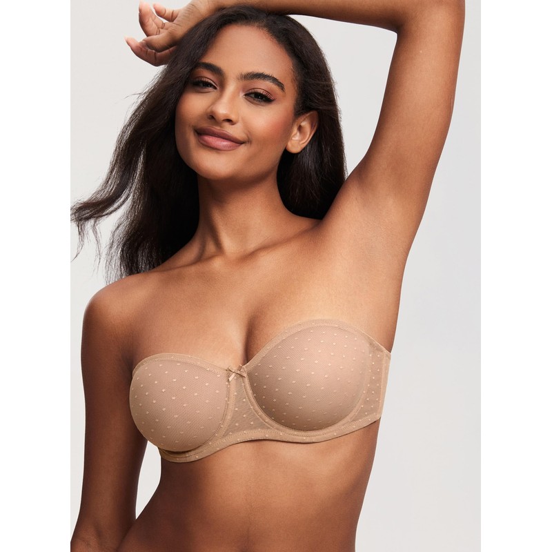 DOBREVA Women's Mesh Strapless Bra Sheer Unlined See Through Underwire