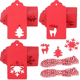jijAcraft Christmas Gift Tags - 150Pcs Christmas Tags with String, Blank Red Paper Hollow Trees, Rudolph, Snowflake Shapes Holiday Labels for Xmas Party Favors, DIY Crafts, Jar