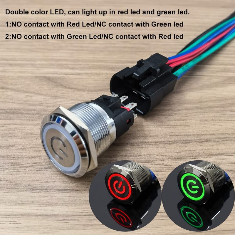 GUUZI 12V-24V/10A Self-Locking Push Button Switch NO/NC Waterproof Green/Red LED