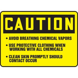 Accuform MCHL636VS Sign, Legend "Caution Avoid Breathing Chemical Vapors USE Protective Clothing When", 7" Length x 10" Width x 0.004" Thickness, Adhesive Vinyl, 7" x 10", Black on Yellow