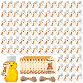 Funnymoom 96 Sets 2 oz Plastic Honey Bear Bottle Bear Shape Clear Empty Honey Jar 96 Tags 2 Rolls Jute Rope Honey Containers Empty Honey Dispenser for Baby Shower Party Favors Gifts (White Lid)