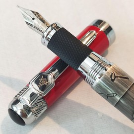 Masonic Symbols Engraved Heavy Weight Silver Metal Fountain Pen, Gift Box (Blue Ink Cartridge)