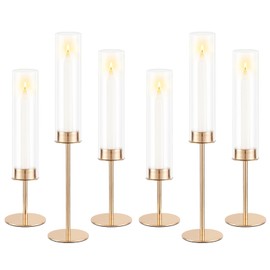 POKINE Gold Candle Holders Set of 6 for Glass Taper Candle Holders,Hurricane Candlestick Holder for Home Decor, Wedding, Dinning, Party Decorative, Anniversary (6,Gold)