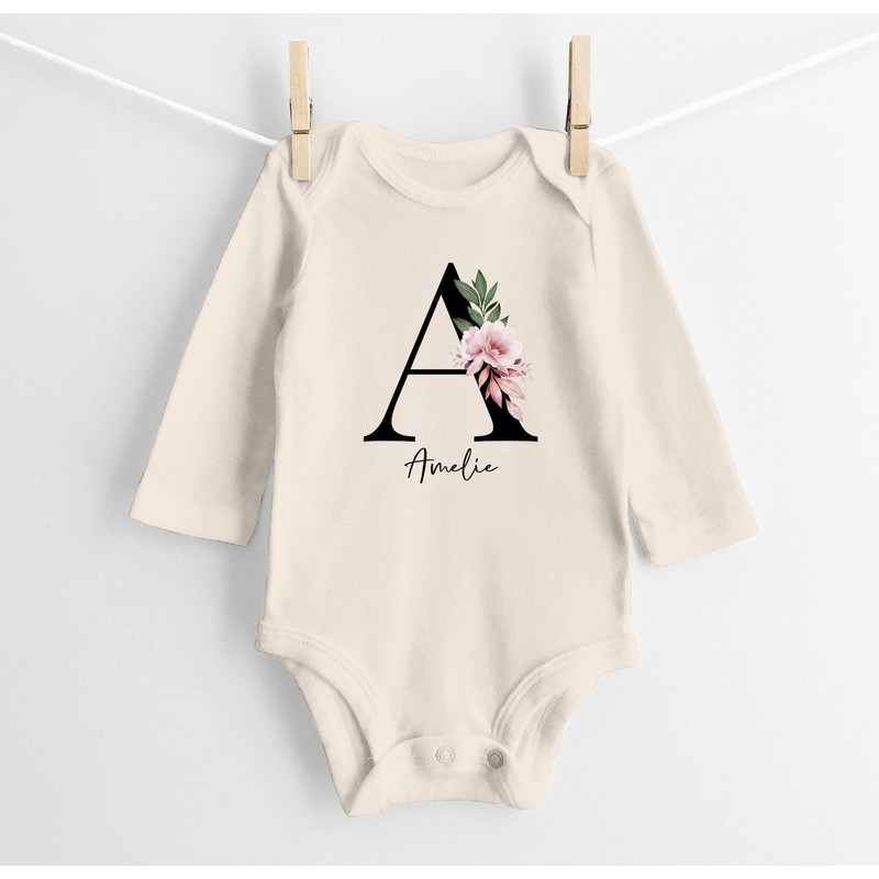 SpecialMe® Baby Body personalisiert mit Name Monogramm Blüten Anfangsbuchstabe anpassbar