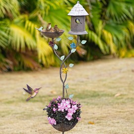 MNRYLKB 56.7” H Bird Baths for Outdoors, Metal Bird Bath Bird House and Planter Pot 3-in-1 Design, Birdbath and Bird Houses with Pole Stand for Outside Garden Yard Decor
