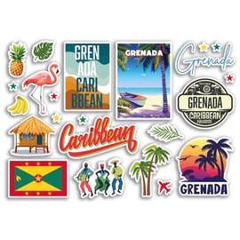 A5 Sticker Sheet Grenada Landmarks Vinyl Stickers - Caribbean Beach Summer Tropical Coast Flamingo Airport Stamps Skyline Flag Map Travel Holiday Scrapbooking Luggage #79214