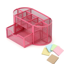 YFEEN Office Supplies Mesh Desktop Organizers with Sticky Notes Pen Holder for office Desktop Storage for Office School Home Supplies Teacher Student(Rose red)
