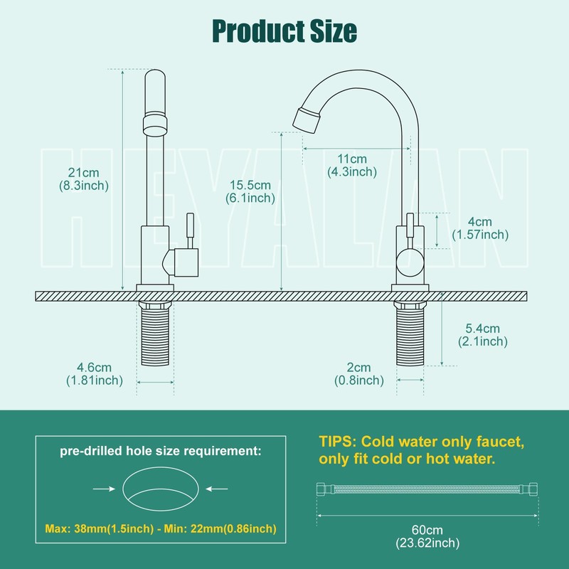 Heyalan Cold Water Only Kitchen Faucet Single Handle 1 Hole