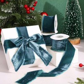Preboun 4 Rolls Silk Velvet Ribbon for Gift Wrapping 24 Yards Total Frayed Edge Velvet Ribbon for Christmas Wedding DIY Crafts Wreaths X-Mas Tree Decor(Teal,2 Inch)