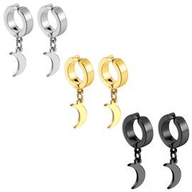 Rofusn Black Clip On Moon Dangle Hinged Earrings Hoop, Stainless Steel Non-Piercing Punk Earrings Jewelry-3pairs