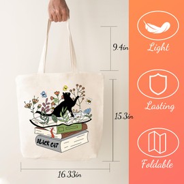 fcaylo 2 PCS Book Lovers Gifts Set Tote Bag Aesthetic for Women, Cute Cat Floral Book Reusable Grocery Bags Cloth Cotton Totes Bag for Shopping (Black Cat)