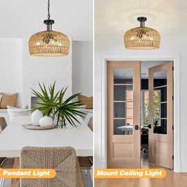 LynPon 18" Large Boho Chandeliers for Dining Room, 4-Light Rattan Farmhouse Ceiling Light Fixture with Wicker Lampshade, Hand Woven Hanging Pendant Light for Kitchen Island Bedroom Foyer Living Room