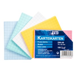 TSI Index Cards Assorted Colours Pack of 100 Squared Size DIN A8 (74 x 52 mm) Item No. 65858