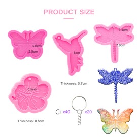 64Pcs Epoxy Resin Molds Kit, Bird Dragonfly Butterfly Cherry Flower Shape Silicone Molds for Resin Epoxy Casting Molds with Hole, Keychain and Jump Ring for DIY Keychain Pendant Unique Gift