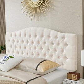 Befurtori Linen Upholstered Headboard Queen Size, Tufted Queen Headboard for Queen/Full Adjustable Bed, Curved Integrated Design with Tufted Solid Wood Head Board and Luxury Soft Padded, Ivory