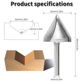 FOCMKEAS 60 Degree 32mm Cutting Diameter V Groove Router Bit 3D Router Bits with 6mm Shank, Tungsten Steel Carbide Tipped V Grooving Bit for CNC Engraving, Carving Woodworking Tool