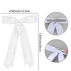 2Pcs White Hair Bows with Long Tail, Silky Satin Tassel Ribbon Bowknot Hair Clips Metal Spring Barrette Accessories for Women