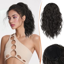 RUWISS Ponytail Extension - 35 cm Wavy Curly Drawstring Ponytail Hair Extension Short Ponytail Hairpiece Synthetic Hairpieces for Women (Black Brown)