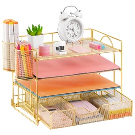 Lavatino Paper Letter Tray Organizer with File Holder, 4-Tier Desk Accessories & Workspace Desk Organizers with Drawer and 2 Pen Holder for Office Supplies (Gold)