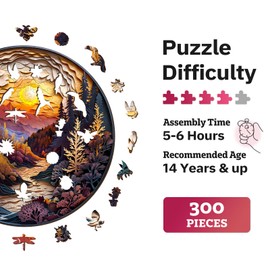 Jigfoxy Wooden Puzzles for Adults, Visual 3D Sunset Forest Wood Puzzles Adult, Unique Animal Shape Wooden Jigsaw Puzzles for Adults, Birthday Gifts for Puzzle Lovers, Family (L-13.4 * 13.4in-300pcs)
